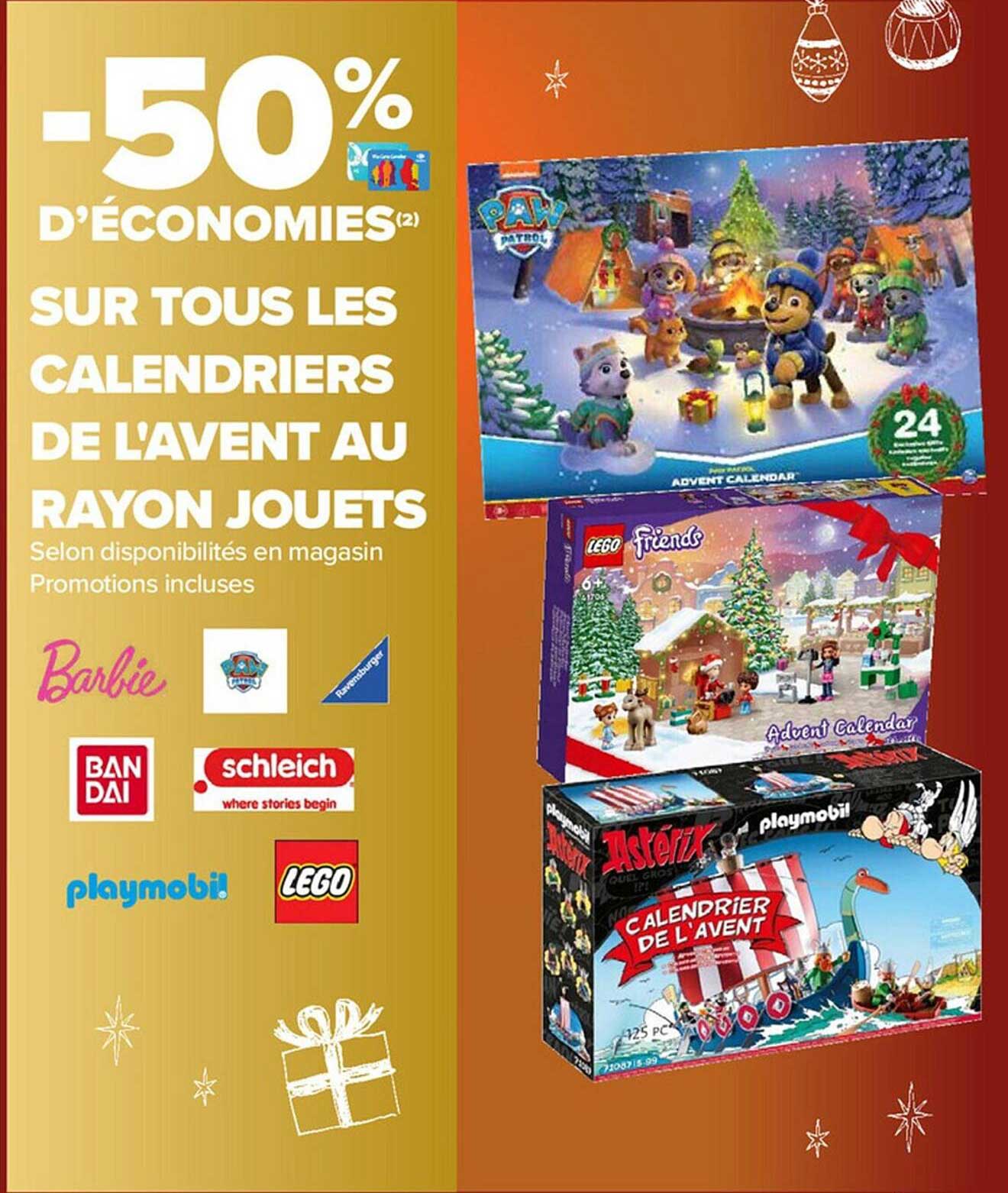 les calendriers de l'avent au rayon jouets barbie, paw patrol, ravensburger, bandai, schleich, playmobil, lego