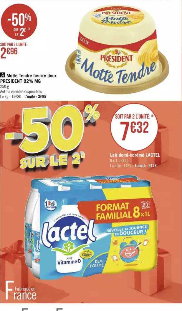 motte tendre beurre doux président 82% mg, lait demi-écrémé lactel