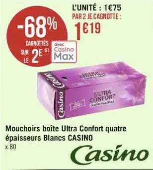 mouchoirs boîte ultra confort quatre épaisseurs blancs casino