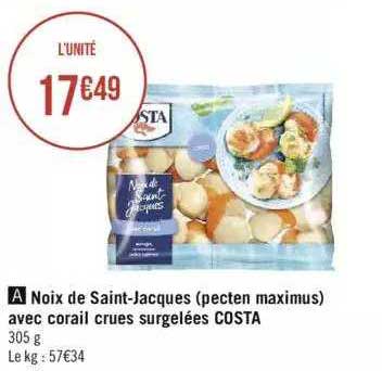 noix de saint-jacques (pecten maximus) avec corail crues surgelées costa