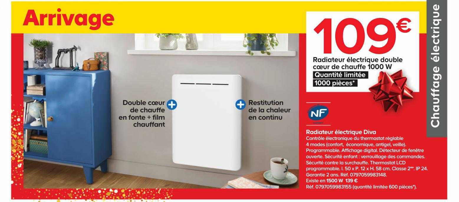 radiateur électrique double cœur de chauffe 1000 w diva