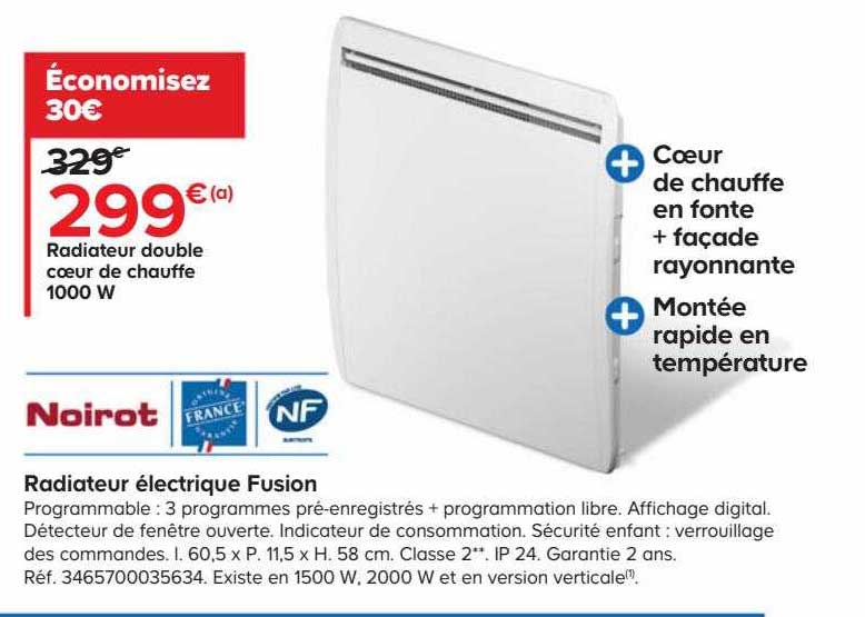 radiateur électrique double cœur de chauffe 1000 w fusion noirot