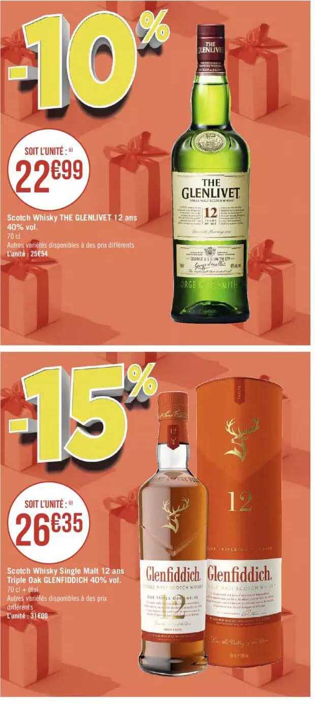 scotch whisky the glenlivet 12 ans 40% vol., scotch whisky single malt 12 ans triple oak glenfiddich 40% vol.