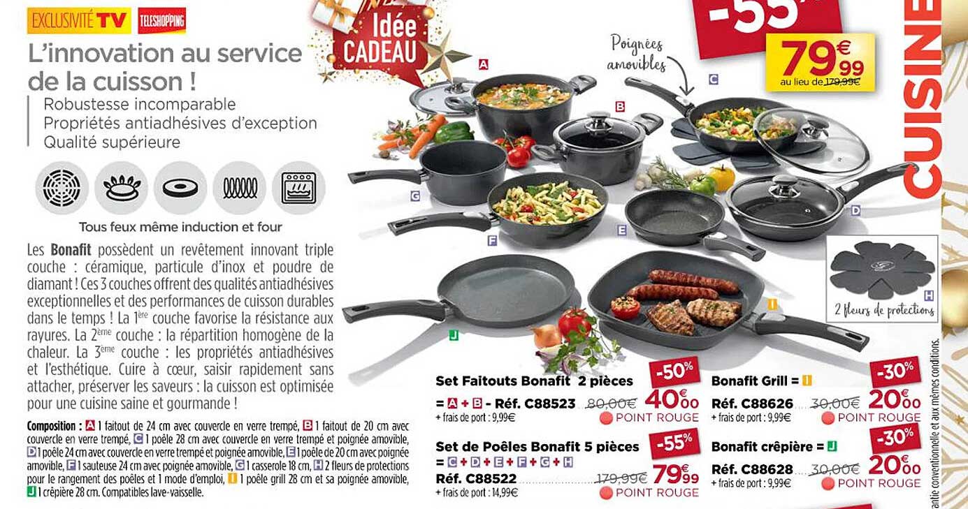 set faitouts bonafit 2 pièces, set de poêles bonafit 5 pièces, bonafit grill, bonafit crêpière