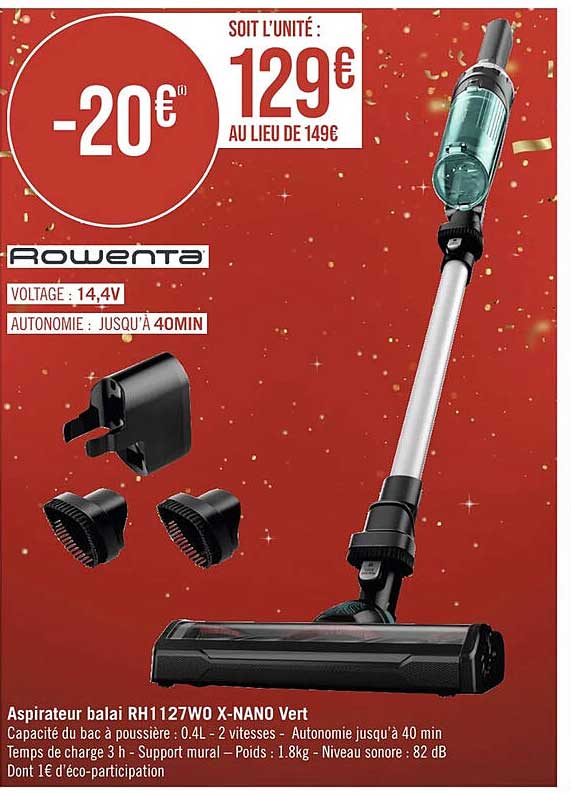 aspirateur balai rh1127wo x-nano vert rowenta
