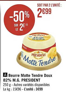 beurre motte tendre doux 82% m.g. président