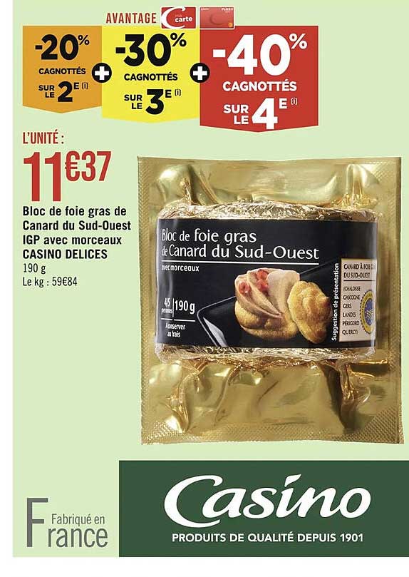 bloc de foie gras de canard du sud-ouest igp avec morceaux casino délices