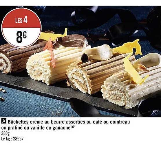 Bûchettes Crème Au Beurre Assorties Ou Café Ou Cointreau Ou Praliné Ou Vanille Ou Ganache
