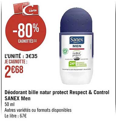 déodorant bille natur protect respect & control sanex men