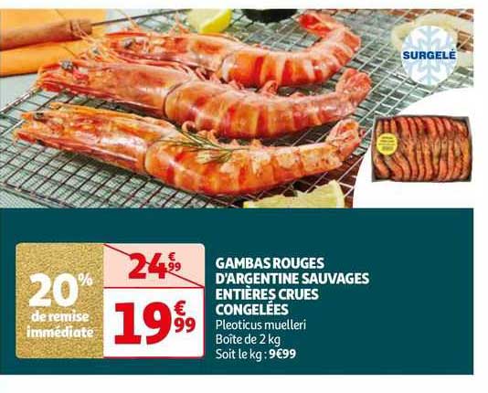 gambas rouges d'argentine sauvages entières crues congelées