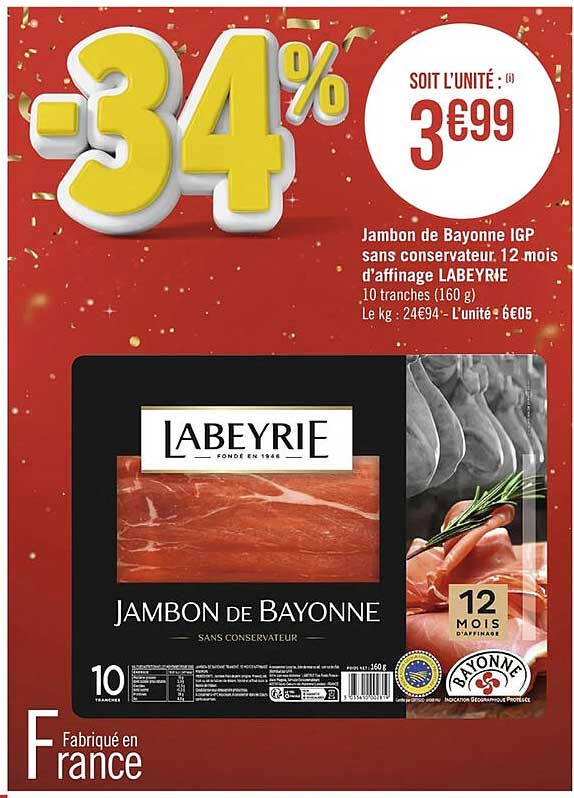 jambon de bayonne igp sans conservateur 12 mois d'affinage labeyrie