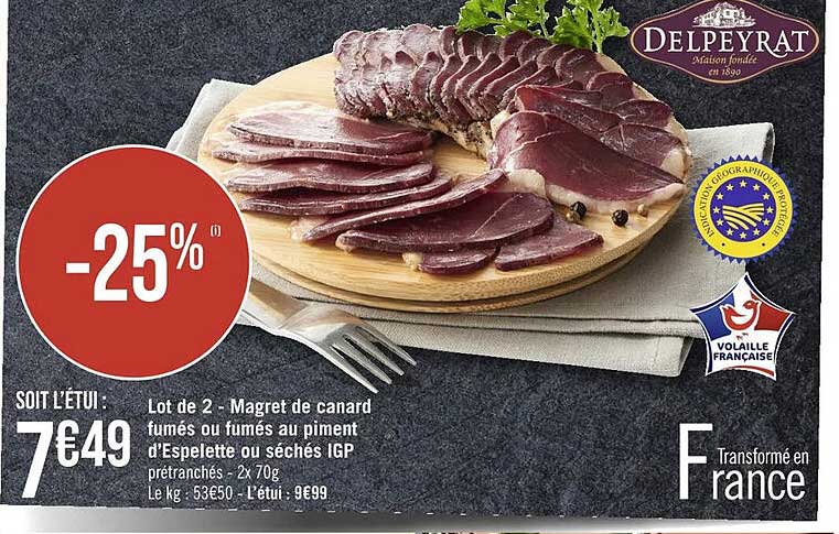 lot de 2 - magret de canard fumés ou fumés au piment d'espelette ou séchés igp