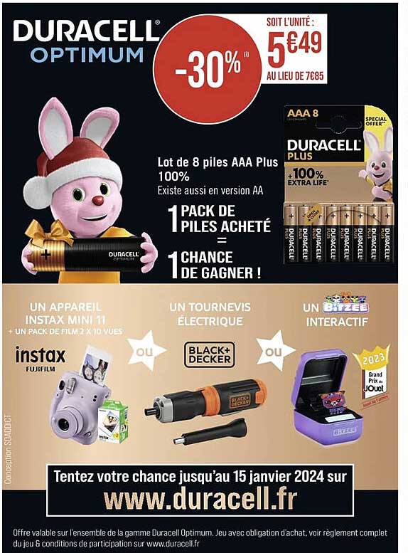 lot de 8 piles aaa plus 100% duracelle optimum, un appareil instax mini 11, un tournevis électrique, un bitzee interactif