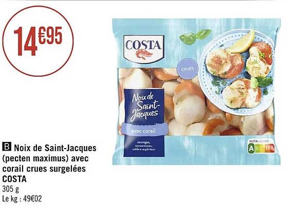 noix de saint-jacques (pecten maximus) avec corail crues surgelées costa
