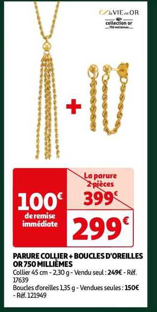 parure collier + boucles d'oreillers or 750 millièmes la vie en or