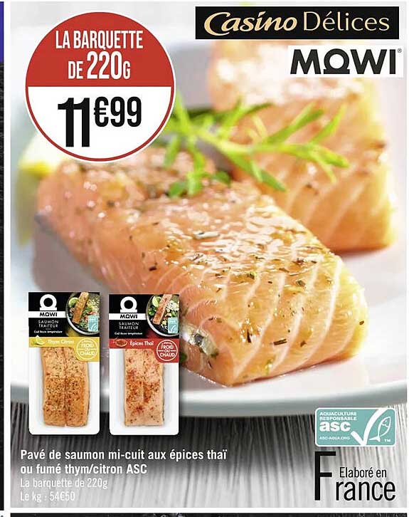 pavé de saumon mi-cuit aux épices thaï ou fumé thym/citron asc