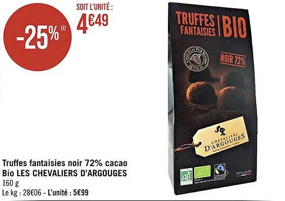 truffes fantaisies noir 72% cacao bio les chevaliers d'argouges