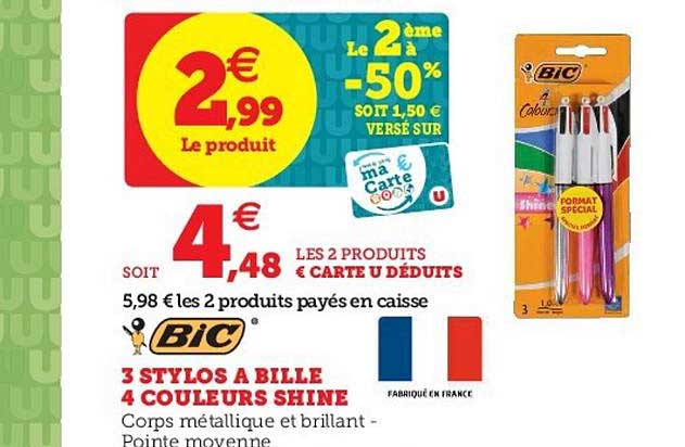 3 Stylos à Bille 4 Couleurs Shine Bic