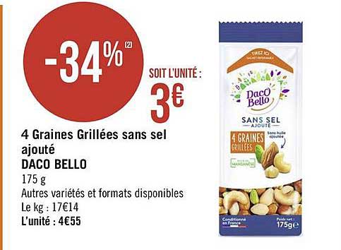 4 graines grillées sans sel ajouté daco bello
