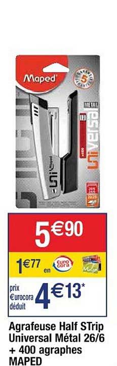 agrafeuse half strip universal métal 26-6 + 400 agraphes maped