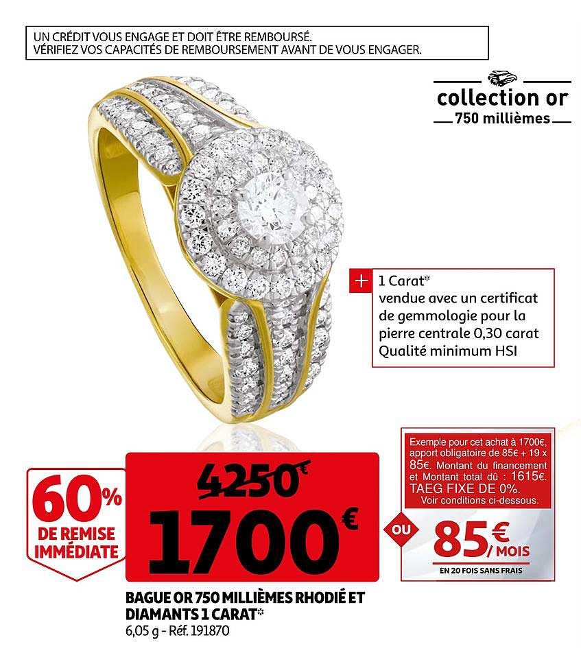 bague or 750 milième rhodié et diamants 1 carat 60% de remise immédiate