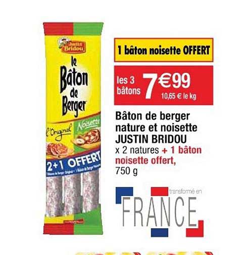 bâton de berger nature et noisette justin bridou