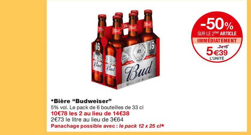 bière "budweiser" -50% sur le 2ème article immédiatement
