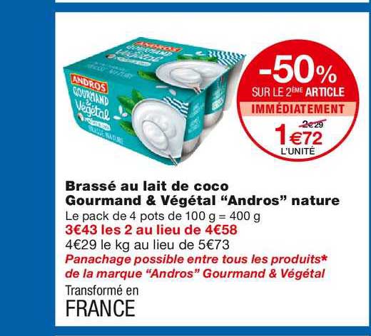 brassé au lait de coco gourmand & végétal "andros" nature -50% sur le 2ème article immédiatement