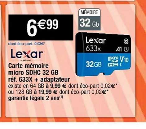carte mémoire micro sdhc 32 gb + adaptateur lexar