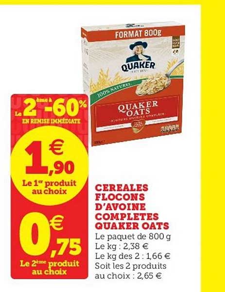 Céréales Flocons D'avoine Complètes Quaker Oats Le 2ème à -60% En Remise Immédiate