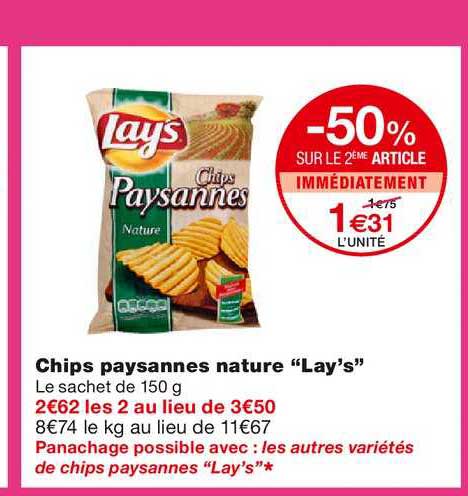 chips paysannes nature "lay's" -50% sur le 2ème article immédiatement