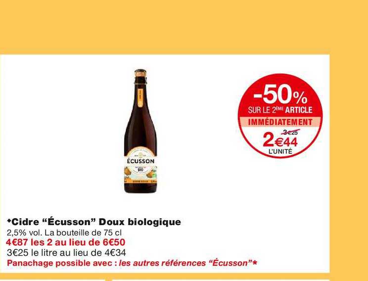 cidre "écusson" doux biologique -50% sur le 2ème article immédiatement