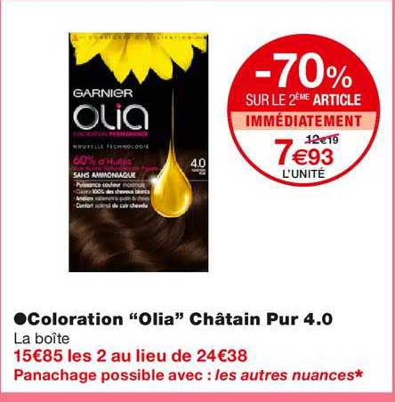 coloration "olia" châtain pur 4.0 -70% sur le 2ème article immédiatement