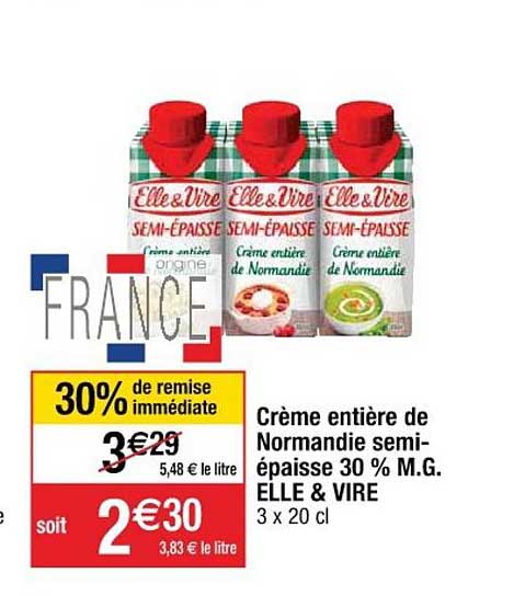 crème entière de normandie semi-épaisse 30% m.g. elle & vire