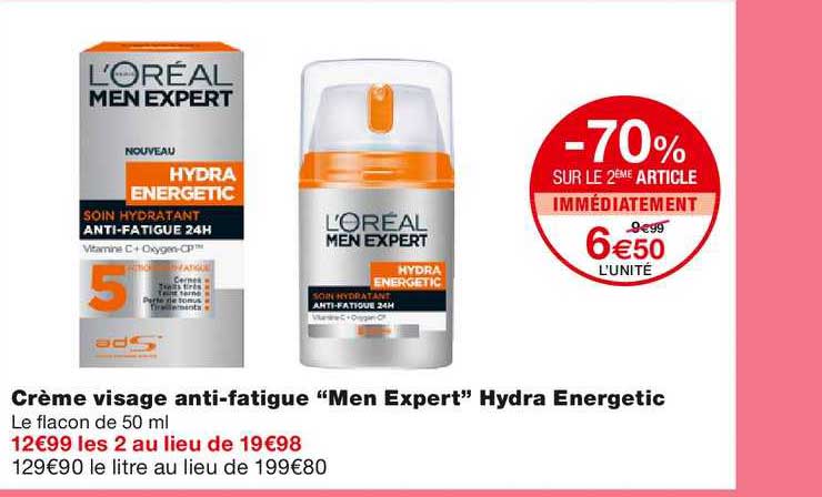 crème visage anti fatigue "men expert" hydra energetic -70% sur le 2ème article immédiatement