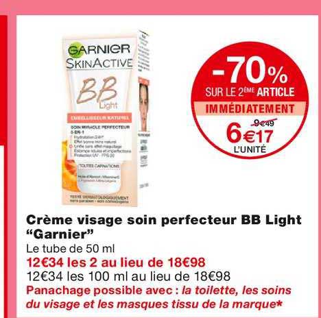 crème visage soin perfecteur bb light "garnier" -70% sur le 2ème article immédiatement