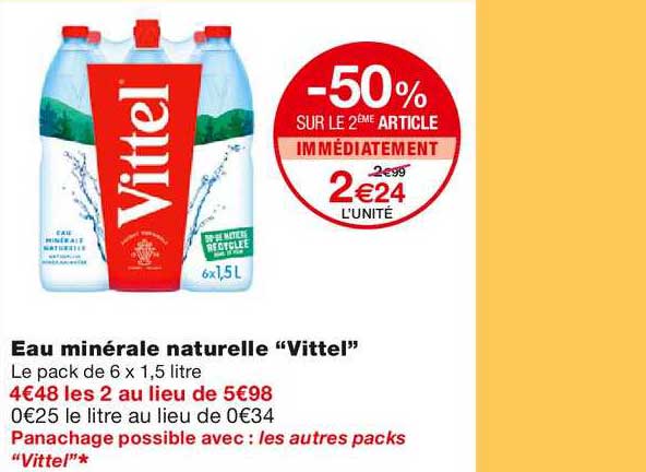 Eau Minérale Naturelle "vittel" -50% Sur Le 2ème Article Immédiatement
