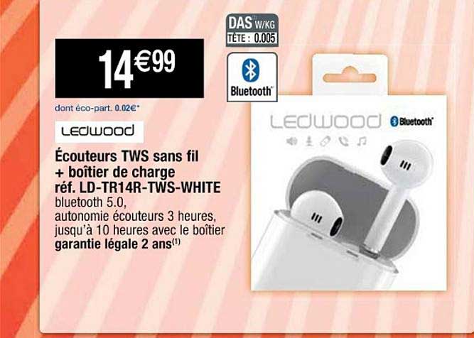 écouteurs tws sans fil + boîtier de charge ledwood