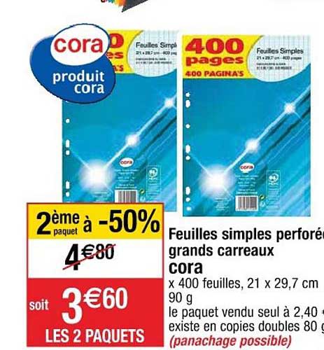 feuilles simples perforées grands carreaux cora