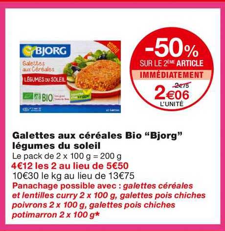 Galettes Aux Céréales Bio "bjorg" Légumes Du Soleil -50% Sur Le 2ème Article Immédiatement