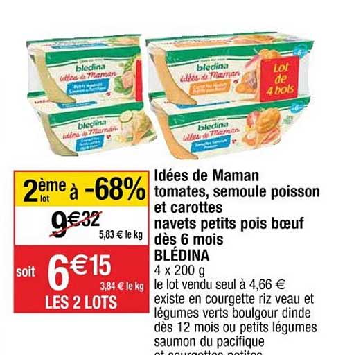 idées de maman tomates, semoule poisson et carottes navets petits pois bœuf dès 6 mois blédina