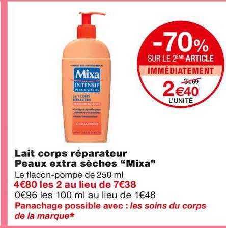 lait corps réparateur peaux extra sèches "mixa" -70% sur le 2ème article immédiatement