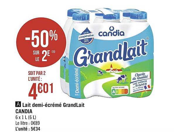 lait demi-écrémé grandlait candia