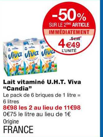 lait vitaminé u.h.t. viva "candia" -50% sur le 2ème article immédiatement