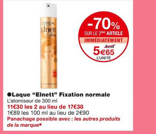 laque "elnett" fixation normale -70% sur le 2ème article immédiatement