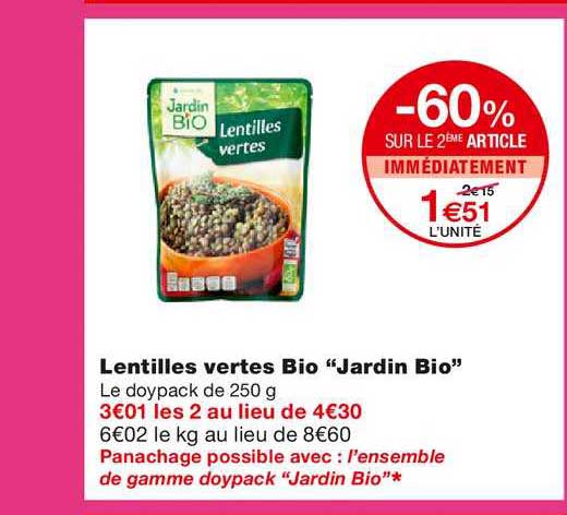 lentilles vertes bio "jardin bio" -60% sur le 2ème article immédiatement