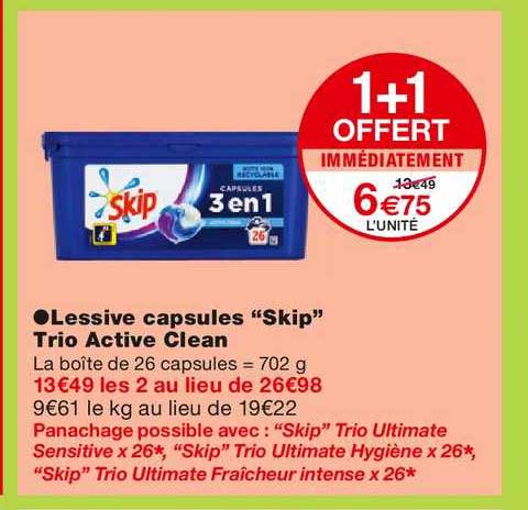 lessive capsules "skip" trio active clean 1+1 offert immédiatement
