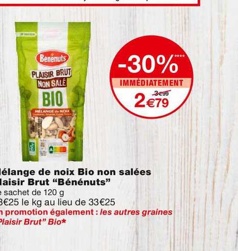 mélange de noix bio non salées plaisir brut "bénénuts"