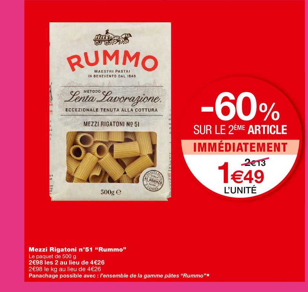mezzi rigatoni n°51 "rummo" -60% sur le 2ème article immédiatement