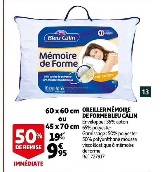 Oreiller Mémoire De Forme Bleu Câlin 50% De Remise Immédiate